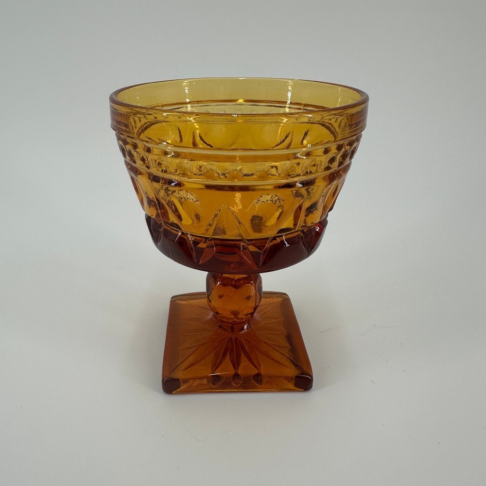 Vintage Amber Pressed Glass Goblet Star Sunburst Square Base Pedestal Chalice